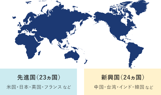 米国・日本・英国・フランスなどの先進国23ヵ国と、中国・台湾・インド・韓国などの新興国24ヵ国。