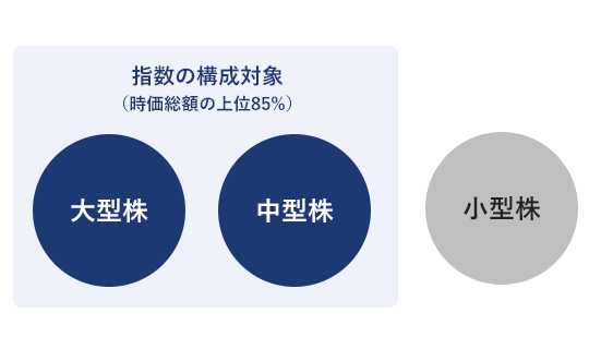 大型株、中型株、小型株の分類において、大型株と中型株が指数の構成対象であり、世界の株式時価総額の上位85％に相当する。