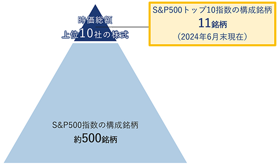 S&P500指数の構成銘柄は約500銘柄。そのうち、時価総額上位10社の株式で構成されるS&P500トップ10指数の構成銘柄は約11銘柄(2024年6月末現在)。