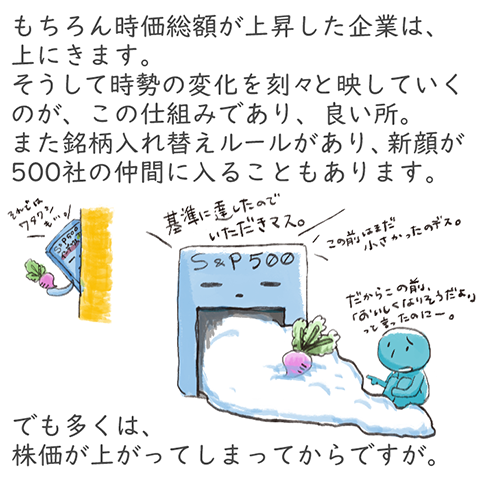 もちろん時価総額が上昇した企業は、上にきます。そうして時勢の変化を刻々と映していくのが、この仕組みであり、良い所。また銘柄入れ替えルールがあり、新顔が500社の仲間に入ることもあります。でも多くは、株価が上がってしまってからですが。