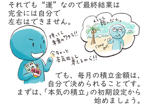 それでも、”運”なので最終結果は完全には自分で左右はできません。でも、毎月の積立金額は、自分で決められることです。まずは本気の積立の初期設定から始めましょう。