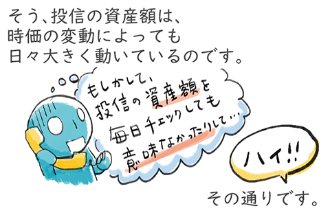 そう、投信の資産額は、時価の変動によっても日々大きく動いているのです。毎日チェックしても意味はありません。