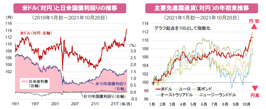 【図表】[左図]米ドル（対円）と日米国債利回りの推移、[右図]主要先進国通貨（対円）の年初来推移
