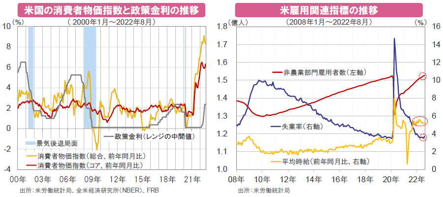 【図表】[左図]米国の消費者物価指数と政策金利の推移、[右図]米雇用関連指標の推移