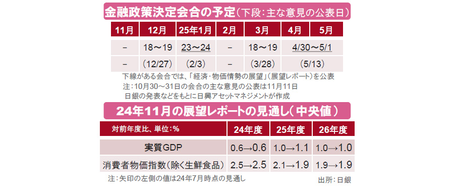 【図表】[上図]金融政策決定会合の予定、[下図]24年11月の展望レポートの見通し（中央値）