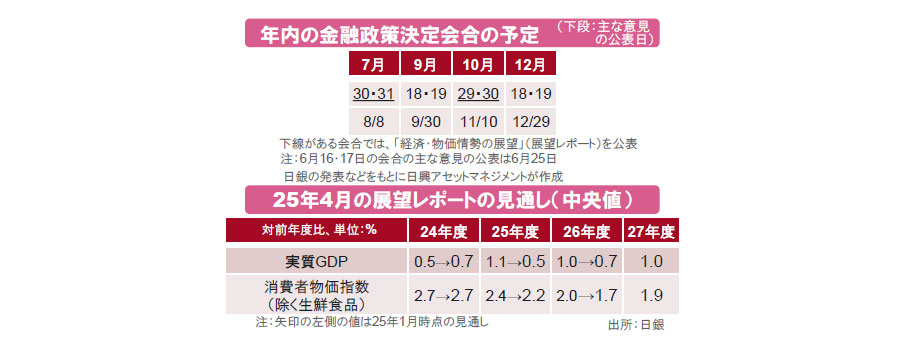 【図表】[上図]年内の金融政策決定会合の予定（下段：主な意見の公表日）、[右図]25年4月の展望レポートの見通し（中央値）