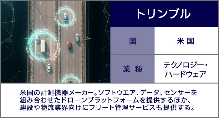 トリンブル：米国の計測機器メーカー。ソフトウエア、データ、センサーを組み合わせたドローンプラットフォームを提供するほか、建設や物流業界向けにフリート管理サービスも提供する。