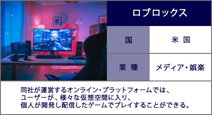 ロブロックス：同社が運営するオンライン・プラットフォームでは、ユーザーが、様々な仮想空間に入り、個人が開発し配信したゲームでプレイすることができる。